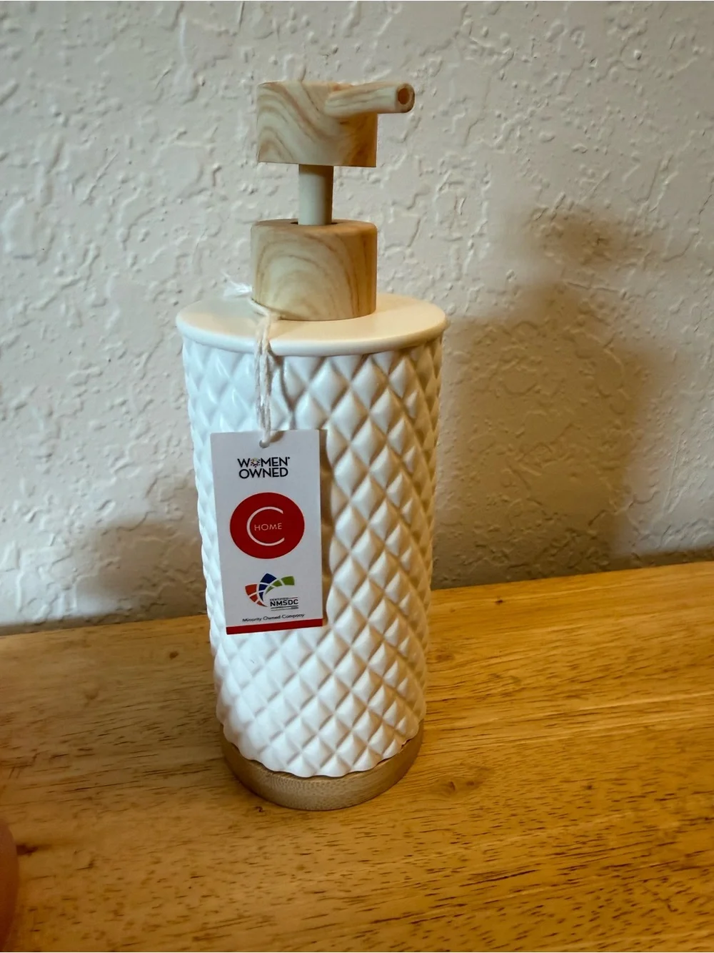 Ceramic White Soap Dispenser with Wood-Tone Pump - Bathroom Accessory